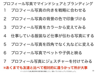 プロフィール写真でマインドシェアとブランディング
１ プロフィール写真の向きを戦略に合わせる

２ プロフィール写真の背景の色で印象づける

３ プロフィール写真をカラーから変えてみる

４ 仕事している服装など仕事が伝わる写真にする

５ プロフィール写真を四角でなく丸などに変える

６ プロフィール写真でペットや子供と映る

７ プロフィール写真にジェスチャーを付けてみる 
※あくまでも友達と比べて相対的に違うかって所が大事
     イーンスパイア(株) 横田秀珠の著作権を尊重しつつ、是非ノウハウはシェアして行きましょう。   11
 