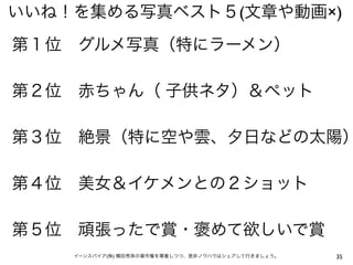いいね！を集める写真ベスト５(文章や動画×)
第１位 グルメ写真（特にラーメン）

第２位 赤ちゃん（ 子供ネタ）＆ペット

第３位 絶景（特に空や雲、夕日などの太陽）

第４位 美女＆イケメンとの２ショット

第５位 頑張ったで賞・褒めて欲しいで賞
    イーンスパイア(株) 横田秀珠の著作権を尊重しつつ、是非ノウハウはシェアして行きましょう。   35
 
