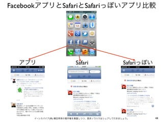 ⑤

FacebookアプリとSafariとSafariっぽいアプリ比較




  アプリ                    Safari                 Safariっぽい




      イーンスパイア(株) 横田秀珠の著作権を尊重しつつ、是非ノウハウはシェアして行きましょう。         44
 