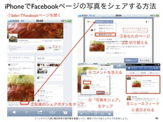 ⑤

iPhoneでFacebookページの写真をシェアする方法
①SafariでFacebookページを開く




                                                   ③あなたのページ
                                                    上に切り替える




                                    ④コメントを添える




                                    ⑤「写真をシェア」
         ②写真のシェアボタンをタップ                               ⑥ニュースフィード
                                         をタップ
                                                           に表示される

           イーンスパイア(株) 横田秀珠の著作権を尊重しつつ、是非ノウハウはシェアして行きましょう。            46
 