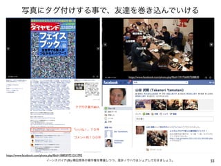 写真にタグ付けする事で、友達を巻き込んでいける




                                                              https://www.facebook.com/photo.php?fbid=191756007508830




                                                  タグ付け最大60人




                                               「いいね！」７０件

                                                 コメント約１００件




https://www.facebook.com/photo.php?fbid=188039721213792
                            イーンスパイア(株) 横田秀珠の著作権を尊重しつつ、是非ノウハウはシェアして行きましょう。                                               55
 