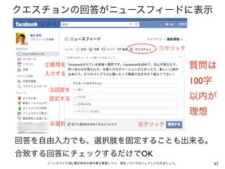 クエスチョンの回答がニュースフィードに表示


                                          ①クリック


   ②質問を                                             質問は
   入力する
                                                    100字
    ③回答を
    設定する                                            以内が
                                                    理想
    ④選択                            ⑤クリック


回答を自由入力でも、選択肢を固定することも出来る。
合致する回答にチェックするだけでOK
    イーンスパイア(株) 横田秀珠の著作権を尊重しつつ、是非ノウハウはシェアして行きましょう。          67
 