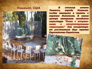 Нэшвилл, США          В    столице     штата
               Теннесси,   городе   Нэшвилл,
               создан мемориал в память о
               жертвах Холокоста. В самом
               центре мемориала находится
               скульптура "Книга с оторван-
               ными     и   отсутствующими
               страницами". Она олицетворя-
               ет уничтожение двух третей
               Европейского Еврейства.
 