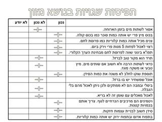 ‫לא יודע‬   ‫לא נכון‬   ‫נכון‬
                                                  ‫אסור לשתות מים בזמן הארוחה.‬
                                ‫בכוס מיץ פרי יש אותה כמות סוכר כמו בכוס קולה.‬
                                  ‫צנים מכיל אותה כמות קלוריות כמו פרוסת לחם.‬
                                         ‫רצוי לאכול לפחות 5 מנות פרי וירק ביום.‬
                           ‫תפו"א בינוני שווה לפרוסת לחם מבחינת הערך הקלורי.‬
                                                       ‫תרד הוא מקור טוב לברזל.‬
                                ‫כדאי לשתות הרבה ולא חשוב אם שותים מים, מיץ‬
                                                            ‫טבעי או משקה מוגז.‬
                                    ‫תוספת שוקו לחלב לא משנה את כמות הסידן.‬
                                                       ‫אוכל שמשחיר יש בו ברזל.‬
                           ‫ביסלי ובמבה הם לא ממתקים ולכן ניתן לאכול מהם בלי‬
                                                                        ‫הגבלה.‬
                                             ‫לאכול מאכלים עם שומן זה לא בריא.‬
                                  ‫ויטמינים הם מרכיבים הכרחיים לגוף. צריך אותם‬
                                                                 ‫בכמויות קטנות.‬
                                                 ‫סידן חשוב לבניית עצמות חזקות.‬
                                ‫בתפוח אדום ובתפוח ירוק יש אותה כמות קלוריות.‬
 