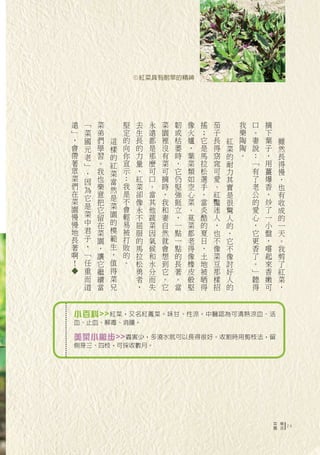 ☉紅菜具有耐旱的精神




遠   ﹁   菜       堅    去   永   菜   韌   像   搖   茄       我   口   摘
﹂   菜   弟       定    生   遠   園   或   火   ；   子       樂   。   下
，   國   們   這   的    長   都   裡   枯   爐   它   長   紅   陶   妻   葉       雖
會   元   學   樣   向    的   是   沒   萎   ，   是   得   菜   陶   說   子       然
帶   老   習   的   你    力   那   有   時   葉   馬   窈   的   。   ：   ，       長
著   ﹂   。   紅   宣    量   麼   菜   ，   菜   拉   窕   耐       ﹁   用       得
眾   ，   我   菜   示    ，   可   可   它   類   松   可   力       有   薑       慢
菜   因   也   當   ：    紅   口   摘   仍   如   選   愛   其       了   爆       ，
們   為   樂   然   我    菜   。   時   堅   空   手   、   實       老   香       也
在       意       是    卻   當   ，   強   心   。   紅   是       公   ，       有
菜   它       是   不
        把            像   其   我   挺   菜   當   豔   很       的   炒       收
園   是       菜   會
        它            永   他   和   立   、   炎   迷   驚       愛   了       成
慢   菜   留   園   輕    不   蔬   妻   ，   莧   酷   人           心   一
                                                 人                   的
慢   中   在   的   易    屈   菜   自   一   菜   的   ，   的       ，   小       一
地   君   菜   模   被    服   因   然   點   都   夏   也   ，       它   盤       天
長   子   園   範   打    的   氣   就   一   老   日   不   它       更   ，       。
著   ，   ，   生   敗    馬   候   會   點   得   ，   像   不       香   嚐       我
啊   ﹁   讓   ，   的    拉   和   想   的   像   土   菜   像       了   起       剪
！   任   它   值   。    松   水   到   長   橡   地   豆   討       。   來       了
    重   繼   得        勇   分   它   著   皮   被   那   好       ﹂   香       紅
◆




    而   續   菜        者   而   。   。   般   晒   樣   人       聽   嫩       菜
    道   當   兄        ，   失   它   當   堅   得   招   的       得   可       ，



小百科>> 紅菜，又名紅鳳菜。味甘、性涼。中醫認為可清熱涼血、活
血、止血、解毒、消腫。

美菜小撇步>>蟲害少，多澆水就可以長得很好。收割時用剪枝法，留
側芽三、四枝，可採收數月。




                                                                 菜       樂
                                                                 園       活   24
 