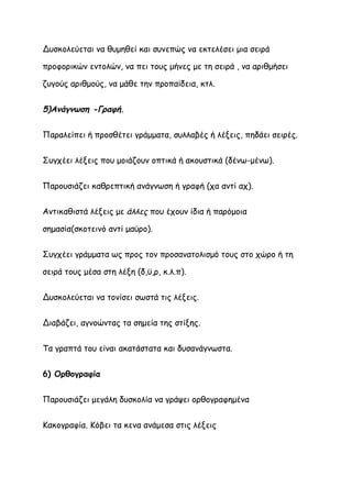Δυσκολεύεται να θυμηθεί και συνεπώς να εκτελέσει μια σειρά

προφορικών εντολών, να πει τους μήνες με τη σειρά , να αριθμήσει

ζυγούς αριθμούς, να μάθε την προπαίδεια, κτλ.


5)Ανάγνωση -Γραφή.

Παραλείπει ή προσθέτει γράμματα, συλλαβές ή λέξεις, πηδάει σειρές.


Συγχέει λέξεις που μοιάζουν οπτικά ή ακουστικά (δένω-μένω).


Παρουσιάζει καθρεπτική ανάγνωση ή γραφή (χα αντί αχ).


Αντικαθιστά λέξεις με άλλες που έχουν ίδια ή παρόμοια

σημασία(σκοτεινό αντί μαύρο).


Συγχέει γράμματα ως προς τον προσανατολισμό τους στο χώρο ή τη

σειρά τους μέσα στη λέξη (δ,ϋ,ρ, κ.λ.π).


Δυσκολεύεται να τονίσει σωστά τις λέξεις.


Διαβάζει, αγνοώντας τα σημεία της στίξης.


Τα γραπτά του είναι ακατάστατα και δυσανάγνωστα.


6) Ορθογραφία


Παρουσιάζει μεγάλη δυσκολία να γράψει ορθογραφημένα


Κακογραφία. Κόβει τα κενα ανάμεσα στις λέξεις
 
