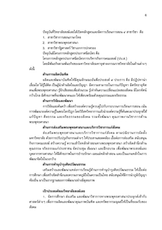 6


          ปั จจุบนทีวิทยาลัยสงฆ์เลยได้เปิ ดหลักสูตรและจัดการเรียนการสอน ๔ สาขาวิชา คือ
                 ั
          1. สาขาวิชาการสอนภาษาไทย
          2. สาขาวิชาพระพุทธศาสนา
          3. สาขาวิชารัฐศาสตร์ วิชาเอกการปกครอง
          ปั จจุบนมีโครงการหลักสูตรประกาศนี ยบัตร คือ
                   ั
          โครงการหลักสูตรประกาศนี ยบัตรการบริหารกิจการคณะสงฆ์ (ปบ.ส.)
          โดยมีพนธกิจตามพันธกิจของมหาวิทยาลัยมหาจุฬาลงกรณราชวิทยาลัยในด้านต่างๆ
                     ั
ดังนี
            ด้านการผลิตบัณฑิต
            ผลิต และพัฒนาบัณฑิ ต ให้มี คุ ณลัก ษณะอัน พึงประสงค์ ๙ ประการ คื อ มี ปฏิปทาน่ า
เลือมใส ใฝ่ รใฝ่ คิด เป็ นผูนําด้านจิตใจและปั ญญา มีความสามารถในการแก้ปัญหา มีศรัทธาอุทิศ
             ู้               ้
ตนเพือพระพุทธศาสนา รูจกเสียสละเพือส่วนรวม รูเ้ ท่าทันความเปลียนแปลงของสังคม มีโลกทัศน์
                                ้ั
กว้างไกล มีศกยภาพทีจะพัฒนาตนเอง ให้เพียบพร้อมด้วยคุณธรรมและจริยธรรม
                ั
            ด้านการวิจยและพัฒนา
                            ั
            การวิจยและค้นคว้า เพือสร้างองค์ความรูควบคู่ไปกับกระบวนการเรียนการสอน เน้น
                    ั                                  ้
การพัฒนาองค์ความรูในพระไตรปิ ฎก โดยวิธีสหวิทยาการแล้วนําองค์ความรูทีค้นพบมาประยุกต์ใช้
                          ้                                            ้
แก้ปั ญหา ศี ล ธรรม และจริ ย ธรรมของสั ง คม รวมทั งพัฒ นา คุ ณ ภาพงานวิ ช าการด้า น
พระพุทธศาสนา
            ด้านการส่งเสริมพระพุทธศาสนาและบริการวิชาการแก่สงคม      ั
            ส่ ง เสริ ม พระพุ ท ธศาสนาและบริ ก ารวิ ช าการแก่ สัง คม ตามปณิ ธ านการจั ด ตั ง
มหาวิทยาลัย ด้วยการปรับปรุงกิจกรรมต่างๆ ให้ประสานสอดคล้อง เอือต่อการส่งเสริม สนับสนุ น
กิจการคณะสงฆ์ สร้างความรู ้ ความเข้าใจหลักคําสอนทางพระพุทธศาสนา สร้างจิตสํานึ ก ด้าน
คุ ณธรรม จริ ย ธรรมแก่ ประชาชน จัด ประชุ ม สัม มนา และฝึ ก อบรม เพื อพัฒนาพระสงฆ์และ
บุคลากรทางศาสนา ให้มีศกยภาพในการธํารงรักษา เผยแผ่หลักคําสอน และเป็ นแกนหลักในการ
                                 ั
พัฒนาจิตใจในวงกว้าง
            ด้านการทํานุบารุงศิลปวัฒนธรรม
                                   ํ
            เสริมสร้างและพัฒนาแหล่งการเรียนรูดานการทํานุ บํารุ งศิ ลปวัฒนธรรม ให้เอือ ต่ อ
                                                   ้ ้
การศึกษา เพือสร้างจิตสํานึ กและความภาคภูมิใจในความเป็ นไทย สนับสนุ นให้มีการนําภูมิปัญญา
ท้องถิน มาเป็ นรากฐานของการพัฒนาอย่างมีดุลยภาพ

          เปาประสงค์ของวิทยาลัยสงฆ์เลย
            ้
           . จัด การศึ ก ษา ส่ง เสริม และพัฒนาวิ ชาการทางพระพุทธศาสนาประยุก ต์เข้ากับ
ศาสตร์ต่างๆ เพือการผลิตและพัฒนาคุณภาพบัณฑิ ต และทรัพยากรมนุ ษย์ให้เป็ นทียอมรับของ
สังคม
 