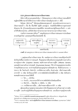 26


           2.2.9 รูปแบบการจัดกระบวนการเรียนการสอน
           มีนักการศึ กษาและบุคคลสําคัญ ๆ ได้เสนอรูปแบบการจัดการเรียนการสอนเพือให้
ครูผสอนได้พิจารณานําไปใช้ประกอบการจัดการเรียนการสอนมีรปแบบต่าง ๆ ดังนี
    ู้                                                  ู
                            38
           ชินโอสถ หัสบําเรอ ได้สรปุแนวคิดของพระพุทธเจ้า พระองค์ทรงแบ่งกระบวนการ
เรียนการสอนไว้ ขัน คือ ขันปริยติ ปฏิบติ และปฏิเวธ ก่อนถึงขันปริยติทรงวางจุดประสงค์
                                    ั     ั                       ั
ด้วยฌาณ คือ รูวาจะสอนใครและจะบรรลุผลขันใด พระองค์ทรงแบ่งผูเ้ รียนออกเป็ นบัว เหล่า
                 ้่
มาให้รบฟั งธรรมะก่อน แล้วจึงดําเนิ นการตามกระบวนการตามกระบวนการเรียนการสอน
       ั
           กรมวิชาการและเขตการศึกษา39 เสนอผังรูปแบบการเรียนการสอนและการประเมินผล
ตามหลักสูตรใหม่ และขอสรุปคําชีแจงโดยย่อดังนี คือ

      จุดมุ่งหมายใน               พฤติกรรมพืนฐาน                  กระบวนการ                  การประเมิน
     การเรียนการสอน                 ของผูเ้ รียน                 เรียนการสอน                   ผลรวม


                                                 ผลสะท้อนกลับ
             ภาพที 2.7 แสดงรูปแบบการจัดกระบวนการเรียนการสอนของกรมวิชาการ และเขตการศึกษา

             . จุดมุ่งหมายในการเรียนการสอน คือ ผลผลิตทางการเรียนการสอนทีมุ่งหวังจะให้
นักเรียนเกิดขึนภายหลังจากการสอนแล้ว ซึงจุดมุ่งหมายนี จะต้องครอบคลุมพฤติกรรมทางด้าน
ความรูและการคิด (Cognitive Domain) พฤติกรรมทางด้านความรูสึก (Affective Domain)
       ้                                                          ้
และพฤติกรรมทางด้านการประพฤติ (Psychomotor Domain) วิธีการกําหนดจุดมุ่งหมายจะต้อง
กําหนดให้เฉพาะเจาะจง ควรกําหนดในลักษณะจุดมุ่งหมายเชิงพฤติกรรม ซึงมีส่วนประกอบ
ประการ คือ ใครทําอะไร ดีอย่างไร ภายใต้สถานการณ์ใด ตัวอย่างเช่น “เมือกําหนดรายชือ
อาหารได้         ชนิ ด นักเรียนบอกได้วา อาหารชนิ ดใดมีประโยชน์มีโทษได้ ชนิ ด ดังตัวอย่าง
                                       ่
ของพฤติกรรมสามารถแยกได้ดงนี     ั
             . ใคร.........นักเรียน
             . ทําอะไร....สามารถบอกได้วาอาหารชนิ ดใดมีประโยชน์และมีโทษ
                                          ่
             . ดีอย่างไร.......ได้ถกต้อง ชนิ ดใน
                                   ู                   ชนิ ด
             . ภายใต้สถานการณ์ใด......เมือกําหนดรายชืออาหารให้        ชนิ ด
           ผูสอนจะต้องเอาจุดมุ่งหมายของแต่ละรายวิชาทังจุดมุ่งหมายทางด้านความรู ้ ความคิด
             ้
ความรูสึก และด้านปฏิบัติเขียนเป็ นจุ ดมุ่ง หมายเชิงพฤติก รรม และเนื องจากจุ ดมุ่ง หมายเชิง
         ้

38
   ชินโอสถ หัวบําเรอ. เทคนิ ควิ ธีการเผยแพร่ธรรมของพระพุทธเจ้า ใน คู่มอการฝึกอบรมวิทยากร หลักสูตรสร้างเสริม
                                                                      ื
จริยธรรมข้าราชการ เพือพัฒนาชนบท.(กรุงเทพมหานคร: เรืองแสงการพิมพ์. 2531) หน้า 26
39
   วิชาการ, กรมและเขตการศึกษา. แนวทางปฏิ บติในเรืองการเรียนการสอนและการประเมินผล.( กรุงเทพมหานคร: โรงพิมพ์
                                              ั
การศาสนา,ม.ป.ป), หน้า 15-20
 