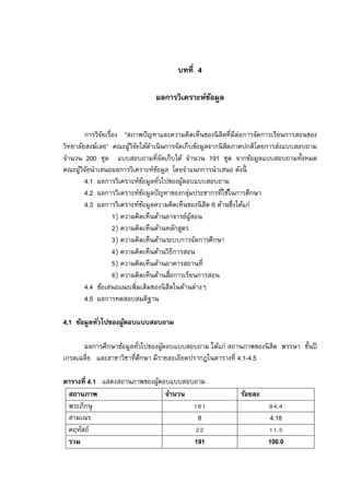 บทที 4

                               ผลการวิเคราะห์ขอมูล
                                              ้


        การวิจยเรือง “สภาพปั ญหาและความคิดเห็นของนิ สิตทีมีต่อการจัดการเรียนการสอนของ
              ั
วิทยาลัยสงฆ์เลย” คณะผูวจยได้ดาเนิ นการจัดเก็บข้อมูลจากนิ สตภาคปกติโดยการส่งแบบสอบถาม
                        ้ิั       ํ                       ิ
จํานวน 200 ชุด แบบสอบถามทีจัดเก็บได้ จํานวน 191 ชุด จากข้อมูลแบบสอบถามทังหมด
คณะผูวจยนําเสนอผลการวิเคราะห์ขอมูล โดยจําแนกการนําเสนอ ดังนี
      ้ิั                           ้
        4.1 ผลการวิเคราะห์ขอมูลทัวไปของผูตอบแบบสอบถาม
                            ้              ้
        4.2 ผลการวิเคราะห์ขอมูลปั ญหาของกลุมประชากรทีใช้ในการศึกษา
                              ้              ่
        4.3 ผลการวิเคราะห์ขอมูลความคิดเห็นของนิ สิต 6 ด้านซึงได้แก่
                                ้
                  1) ความคิดเห็นด้านอาจารย์ผสอนู้
                  2) ความคิดเห็นด้านหลักสูตร
                  3) ความคิดเห็นด้านระบบการจัดการศึกษา
                  4) ความคิดเห็นด้านวิธีการสอน
                  5) ความคิดเห็นด้านอาคารสถานที
                  6) ความคิดเห็นด้านสือการเรียนการสอน
        4.4 ข้อเสนอแนะเพิมเติมของนิ สิตในด้านต่างๆ
        4.5 ผลการทดสอบสมติฐาน

4,1 ข้อมูลทัวไปของผูตอบแบบสอบถาม
                    ้

      ผลการศึกษาข้อมูลทัวไปของผูตอบแบบสอบถาม ได้แก่ สถานภาพของนิ สิต พรรษา ชันปี
                                ้
เกรดเฉลีย และสาขาวิชาทีศึกษา มีรายละเอียดปรากฏในตารางที 4.1-4.5

ตารางที 4.1 แสดงสถานภาพของผูตอบแบบสอบถาม
                            ้
 สถานภาพ                      จํานวน                       ร้อยละ
 พระภิกษุ                                                              .
 สามเณร                               8                             4.18
 คฤหัสถ์                                                               .
 รวม                                 191                            100.0
 