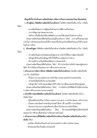 55


          ข้อมูลทีเกียวกับด้านความคิดเห็นต่อการจัดการเรียนการสอนของวิทยาลัยสงฆ์เลย
          1. ด้านผูสอน นิสิตมีความคิดเห็นในระดับมาก โดยมีความคิดเห็นเชิงบวกใน 3 อันดับ
                   ้
ได้แก่
            - ความคิดเห็นต่ออาจารย์ผสอนในด้านอาจารย์มีความเป็ นกันเอง
                                      ู้
            - อาจารย์พดจาสุภาพและเหมาะสม
                        ู
            - เปิ ดโอกาสในชันเรียนให้พระนิ สิตซักถาม และให้คาแนะนําในด้านการเรียน
                                                            ํ
            ส่วนความคิดเห็นของนิ สิตในเชิงลบแต่อยูในระดับมาก ได้แก่ อาจารย์เป็ นคนตรงต่อ
                                                  ่
         เวลาในการเข้าสอนและเลิกสอนให้โอกาสนอกชันเรียนแก่พระนิ สิตเข้าพบและให้คาแนะนํา
                                                                                 ํ
         ในด้านการเรียน
         2. ด้านหลักสูตร นิ สิตมีความคิดเห็นในระดับมากโดยมีความคิดเห็นเชิงบวกใน 3 อันดับ
ได้แก่
               - ความคิดเห็นต่อประโยชน์ของหลักสูตรสามารถนําไปใช้ในการพัฒนาสังคมได้
               - หลักสูตรทีเรียนเป็ นหลักสูตรทีทําให้ได้รบความรูอย่างกว้างขวาง
                                                         ั      ้
               - มีการแจ้งตารางเรียนให้พระนิ สิตทราบก่อนล่วงหน้า
               ส่วนความคิดเห็นของนิ สิตในเชิงลบ ได้แก่ มีการประเมินประสิทธิภาพของผูสอนจาก้
         นิ สิต มีการจัดวิชาลงในแต่ละภาคการศึกษาอย่างเหมาะสม
         3. ด้านระบบการจัดการศึกษา นิสิตมีความคิดเห็นในระดับมาก โดยมีความคิดเห็นเชิง
         บวก ใน 3 อันดับได้แก่
               - ชัวโมงการบรรยายแต่ละกระบวนวิชามีความเหมาะสมกับจํานวนหน่วยกิต
               - เจ้าหน้าทีเต็มใจให้บริการแก่พระนิ สิต
               - หลักสูตรมีการปรับปรุงและพัฒนาให้กาวทันการเปลียนแปลงของสังคมอยูเสมอ
                                                       ้                               ่
               ส่วนความคิดเห็นของนิ สิตในเชิงลบ ได้แก่ การเปิ ดโอกาสให้นิสิตเข้าไปมีสวนร่วมใน
                                                                                     ่
         การจัดการศึกษาตามความเหมาะสมน้อย
         4. ด้านวิธีการสอนนิสิตมีความคิดเห็นในระดับมาก โดยมีความคิดเห็นเชิงบวกใน 3
         อันดับ ได้แก่
               - ผูเ้ รียนมีสวนร่วมในการเรียนการสอนการบรรยาย การสาธิต สัมมนา อภิปรายร่วม
                             ่
               - มีแผนการสอนโดยกําหนดวัตถุประสงค์ เนื อหา สือ และวิธีการประเมินผล
               - มีเอกสารประกอบการสอนทีตรงกับเนื อหาวิชาในกระบวนวิชาทีเรียน
               ส่วนความคิดเห็นของนิ สิตในเชิงลบ ได้แก่ มีการส่งเสริมให้ผเู้ รียนใช้เทคโนโลยี
         ผสมผสานการศึกษาเพือช่วยในการเรียนอย่างสมําเสมอ
         5. ด้านอาคารสถานทีนิสิตมีความคิดเห็นในระดับมากโดยมีความคิดเห็นเชิงบวกใน 3
         อันดับ ได้แก่
               - แสงไฟภายในห้องเรียนสว่างอย่างเหมาะสมกับการจัดการเรียนการสอน
               - ลักษณะของห้องเรียนมีความปลอดภัย
 