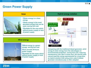 秘密▲

Green Power Supply

            Solar                                          Hybrid energy solution

             Solar energy is a clean                             solar arrays
             energy
             Solar energy is the most
             abundant energy that can be     wind-driven
             used, saving fuel cost           generator
             Suitable for the area which
                                                                        Input 1
             without power supply or lack                                                     Output   Loads
             of power supply                                            Input 2
                                                                          Controller




                                                                    …




                                                                                  Battery 1
                                                                        Input 3




         Wind energy




                                                                                  Battery
             Wind energy is a green             generator
             energy, saving fuel cost
             Can provide 24-hours           Comparing with the traditional diesel generator, wind
             power supply                    energy & solar energy have the advantages on
                                             environmental protection, saving fuel cost, reducing
             Suitable for the areas which
                                             maintenance cost. But in some area, the wind & solar
             without power supply or lack
             of power supply                 cannot meet the using requirements for a long time,
                                             so hybrid solution that using wind, solar & diesel
                                             generator simultaneously is often adopted

                                                                                                               17
 