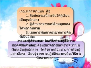 เกณฑ์การจำาแนก คือ
            1. สื่อลักษณะนี้จะเน้นให้ผู้เรียน
      เป็นศูนย์กลาง
            2. ผู้เรียนสามารถเปลี่ยนมุมมอง
      ได้หลากหลาย
            3. เน้นการพัฒนากระบวนการคิด
      ที่เป็นอิสระ
    เหตุผ4. ผูเรียาแนก คือ สื่อข้างต้น้ได้ วาม
           ลการจำ นสามารถสร้างความรู มีค
               ้
      ด้วยตนเอง
 สอดคล้องกับกลุ่มคอนสตรัคติวิสต์เพราะจะเน้นผู้
เรียนเป็นศูนย์กลาง จัดสิ่งแวดล้อมทางการเรียนรู้
อย่างอิสระ เรียนรู้จากการปฏิบัตของตนด้วยวิธีการ
                                  ิ
                      ที่หลากหลาย
 
