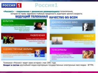 Россия1
«Россия1» – современная и динамично развивающаяся телекомпания,
      которая по праву завоевала глубокую преданность аудитории зрелого возраста.
                        ВЕДУЩИЙ ТЕЛЕКАНАЛ КАЧЕСТВО ВО ВСЕМ
КУЛЬТУРА
                                                                                    ДОКУМЕНТАЛЬНОЕ КИНО
Высочайшие стандарты в области экранизации
                                                                                    Неизменный профессионализм журналистов и
классических произведений русской литературы
                                                                                    уникальные материалы позволяют создавать
                     «Мастер и Маргарита» Булгакова
                                                                                    качественные полнометражные фильмы
                      «В круге первом» Солженицына
                                «Идиот» Достоевского



                                                       РАЗВЛЕЧЕНИЯ                                                                              НОВОСТИ
                                            Программы и новые проекты «России1»
                                                                                                                         Информационные программы «Вести»,
                                            ежегодно возглавляют списки лауреатов
                                                                                                                      «Вести в субботу» и «Вести недели» можно смело
                                                 профессиональной телевизионной
                                                                                                                               назвать главными информационными
                                                                  премии «ТЭФИ»
                                                                                                                                                  программами страны



ХУДОЖЕСТВЕННЫЕ ФИЛЬМЫ                                                               ТЕЛЕСЕРИАЛЫ
Большое количество российских и зарубежных телепремьер.
                                                                                    Огромный выбор премьерных телесериалов,
Канал сотрудничает с 50 крупнейшими компаниями -
                                                                                             снятых специально по заказу
производителями и дистрибьюторами по приобретению    прав
                                                                                    телеканала «Россия1», многие из которых
показа кинопродукции
                                                                                    становятся выдающимся событиями в России и
                                                                                    зарубежом


Телеканал «Россия1» ведет свою историю с мая 1991 года.
Входит в состав крупнейшей медиа-корпорации государственных электронных масс-медиа - ВГТРК.
 