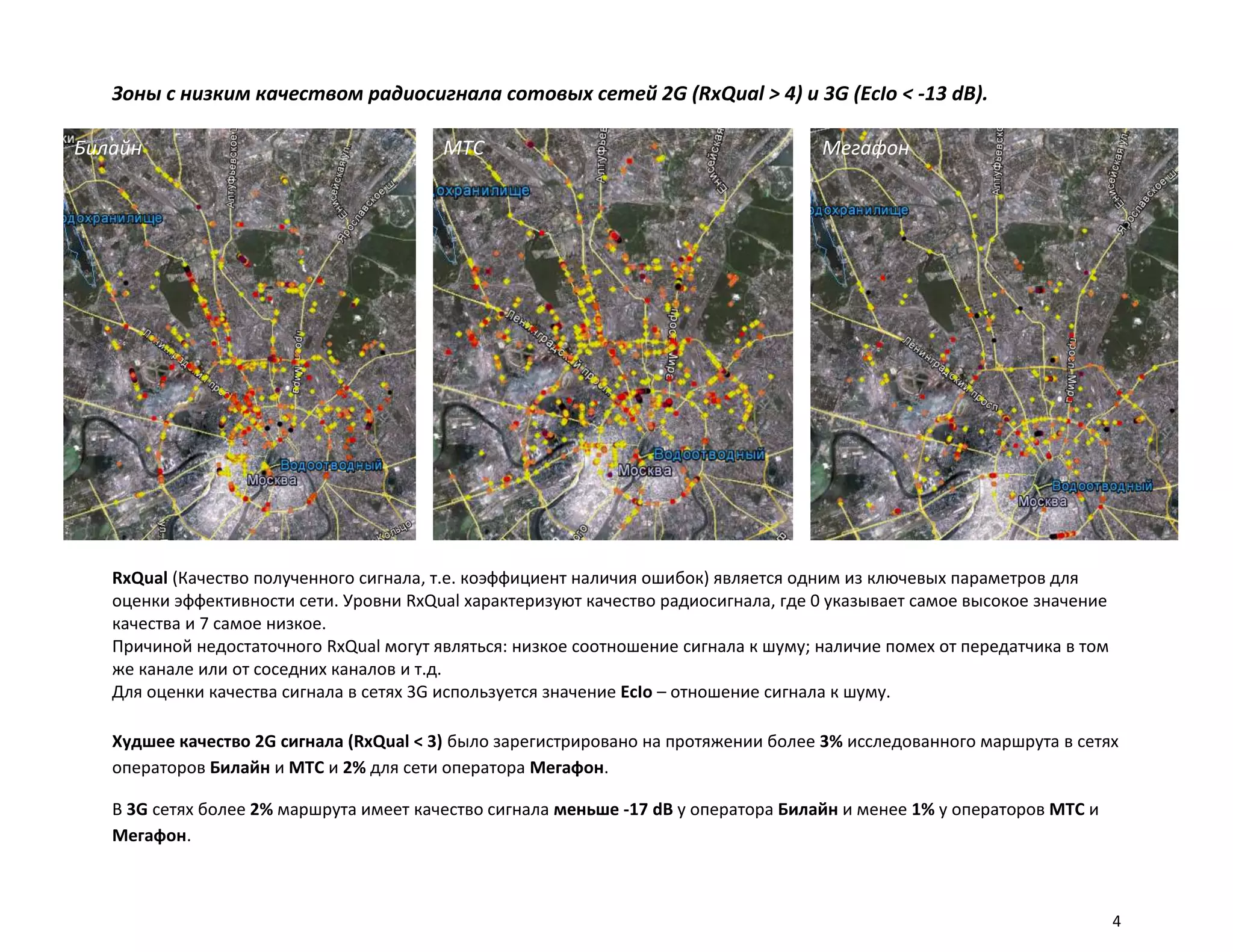 Зоны с низким качеством радиосигнала сотовых сетей 2G (RxQual > 4) и 3G (EcIo < -13 dB).

Билайн                                   МТС                                         Мегафон




   RxQual (Качество полученного сигнала, т.е. коэффициент наличия ошибок) является одним из ключевых параметров для
   оценки эффективности сети. Уровни RxQual характеризуют качество радиосигнала, где 0 указывает самое высокое значение
   качества и 7 самое низкое.
   Причиной недостаточного RxQual могут являться: низкое соотношение сигнала к шуму; наличие помех от передатчика в том
   же канале или от соседних каналов и т.д.
   Для оценки качества сигнала в сетях 3G используется значение EcIo – отношение сигнала к шуму.

   Худшее качество 2G сигнала (RxQual < 3) было зарегистрировано на протяжении более 3% исследованного маршрута в сетях
   операторов Билайн и МТС и 2% для сети оператора Мегафон.

   В 3G сетях более 2% маршрута имеет качество сигнала меньше -17 dB у оператора Билайн и менее 1% у операторов МТС и
   Мегафон.



                                                                                                                          4
 