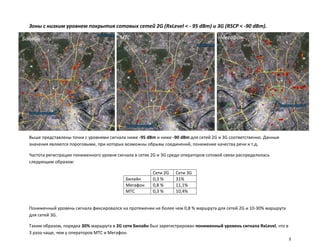 Зоны с низким уровнем покрытия сотовых сетей 2G (RxLevel < - 95 dBm) и 3G (RSCP < -90 dBm).

Билайн                                    МТС                                          Мегафон




  Выше представлены точки с уровнями сигнала ниже -95 dBm и ниже -90 dBm для сетей 2G и 3G соответственно. Данные
  значения являются пороговыми, при которых возможны обрывы соединений, понижение качества речи и т.д.

  Частота регистрации пониженного уровня сигнала в сетях 2G и 3G среди операторов сотовой связи распределилась
  следующим образом:

                                                         Сети 2G   Сети 3G
                                             Билайн      0,3 %     31%
                                             Мегафон     0,8 %     11,1%
                                             МТС         0,3 %     10,4%


  Пониженный уровень сигнала фиксировался на протяжении не более чем 0,8 % маршрута для сетей 2G и 10-30% маршрута
  для сетей 3G.

  Таким образом, порядка 30% маршрута в 2G сети Билайн был зарегистрирован пониженный уровень сигнала RxLevel, что в
  3 раза чаще, чем у операторов МТС и Мегафон.
                                                                                                                       3
 