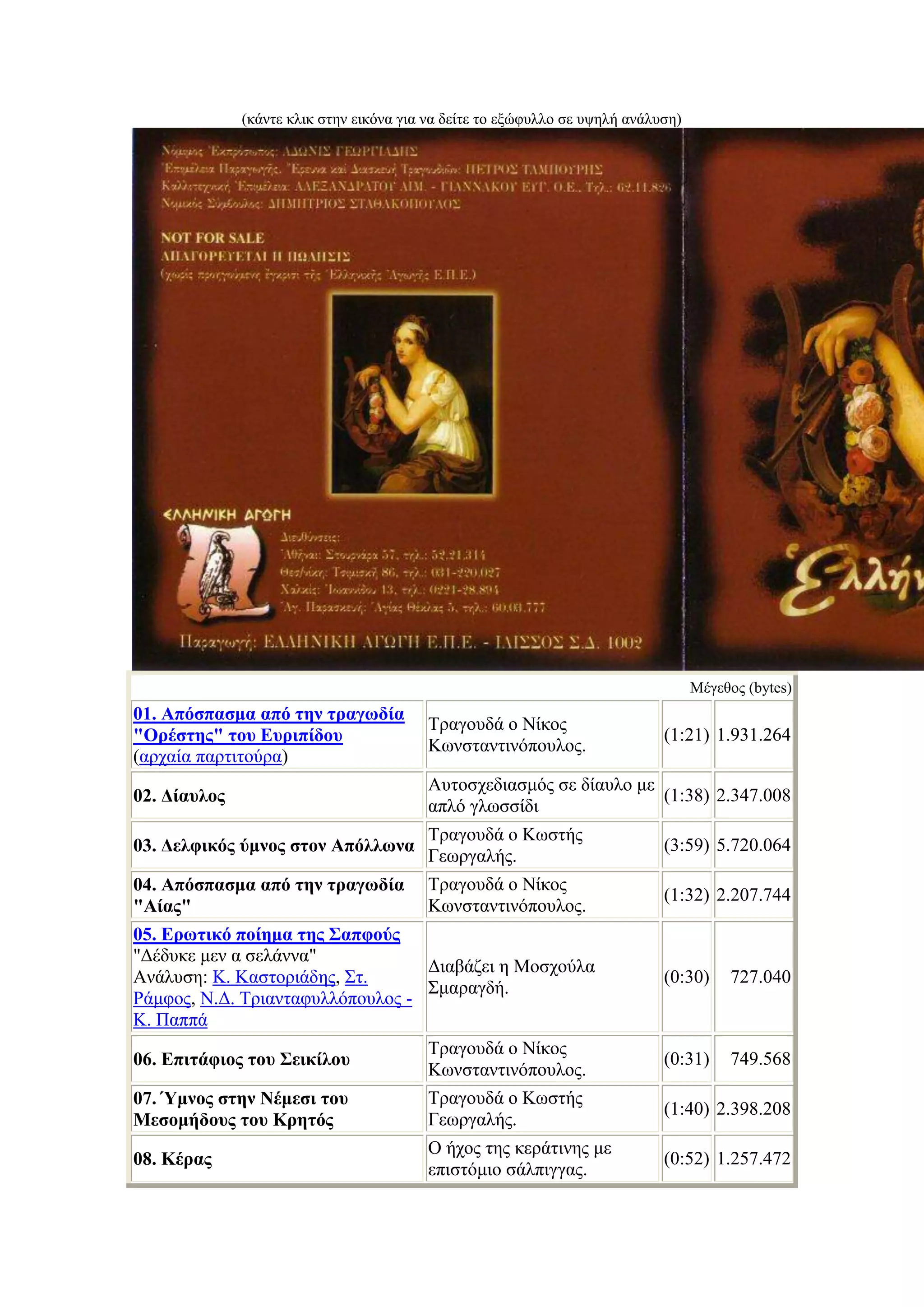(κάντε κλικ στην εικόνα για να δείτε το εξώφυλλο σε υψηλή ανάλυση)




                                                                                   Μέγεθος (bytes)
01. Απόσπασμα από την τραγωδία
                                         Τραγουδά ο Νίκος
"Ορέστης" του Ευριπίδου                                                      (1:21) 1.931.264
                                         Κωνσταντινόπουλος.
(αρχαία παρτιτούρα)
                                         Αυτοσχεδιασμός σε δίαυλο με
02. Δίαυλος                                                          (1:38) 2.347.008
                                         απλό γλωσσίδι
                                         Τραγουδά ο Κωστής
03. Δελφικός ύμνος στον Απόλλωνα                                             (3:59) 5.720.064
                                         Γεωργαλής.
04. Απόσπασμα από την τραγωδία           Τραγουδά ο Νίκος
                                                                             (1:32) 2.207.744
"Αίας"                                   Κωνσταντινόπουλος.
05. Ερωτικό ποίημα της Σαπφούς
"Δέδυκε μεν α σελάννα"
                                  Διαβάζει η Μοσχούλα
Ανάλυση: Κ. Καστοριάδης, Στ.                                                 (0:30)     727.040
                                  Σμαραγδή.
Ράμφος, Ν.Δ. Τριανταφυλλόπουλος -
Κ. Παππά
                                         Τραγουδά ο Νίκος
06. Επιτάφιος του Σεικίλου                                                   (0:31)     749.568
                                         Κωνσταντινόπουλος.
07. Ύμνος στην Νέμεσι του                Τραγουδά ο Κωστής
                                                                             (1:40) 2.398.208
Μεσομήδους του Κρητός                    Γεωργαλής.
                                         Ο ήχος της κεράτινης με
08. Κέρας                                                                    (0:52) 1.257.472
                                         επιστόμιο σάλπιγγας.
 