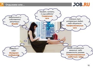 Отдыхаем или…

                 Привет, кстати,
                  я ищу работу!
                   Социальные
  Заботиться о
                      сети
• HR
   собственной
    репутации.
                                      Сколько тут
                                   интересных людей,
      Всегда!                        надо общаться.
                                   Профессиональные
                                           сети




  Заявить о                         Много интересных
    себе!                             вакансий, надо
  Интернет                         разместить резюме.
 сообщества                        Специализированные
                                    «работные» сайты



                                                        16
 