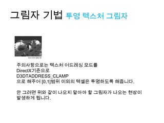 그림자 기법 투영 텍스처 그림자



주의사항으로는 텍스처 어드레싱 모드를
DirectX기준으로
D3DTADDRESS_CLAMP
으로 해주어 [0,1]범위 이외의 텍셀은 투명하도록 해줍니다.

안 그러면 위와 같이 나오지 말아야 할 그림자가 나오는 현상이
발생하게 됩니다.
 