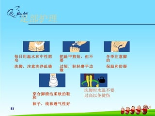 足部护理


     每日用温水和中性肥   把趾甲剪短，但不   冬季注意脚
     皂           要          的
     洗脚，注意洗净趾缝   过短，轻轻磨平边   保温和防裂
                 缘




                      洗脚时水温不要
         穿合脚清洁柔软的鞋    过高以免烫伤
         和
         袜子，线袜透气性好
51
 