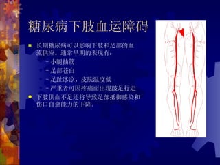 糖尿病下肢血运障碍
  长期糖尿病可以影响下肢和足部的血
  流供应。通常早期的表现有：
   - 小腿抽筋

   - 足部苍白

   - 足趾冰凉、皮肤温度低

   - 严重者可因疼痛而出现跛足行走

 下肢供血不足还将导致足部抵御感染和
  伤口自愈能力的下降。
 