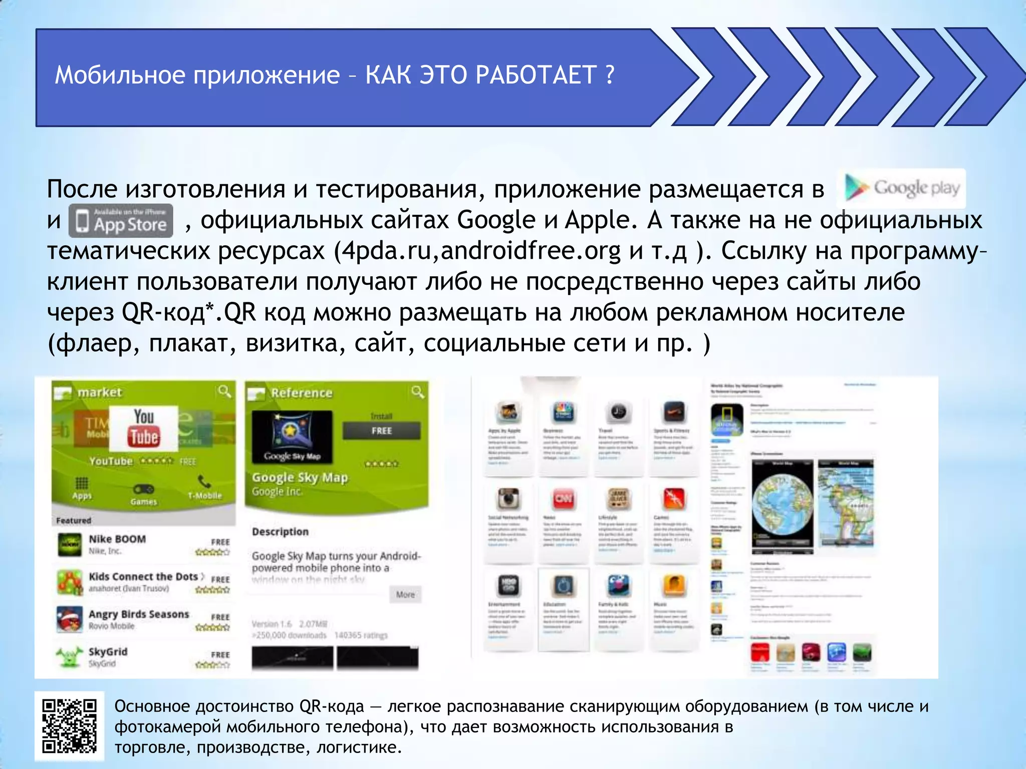 Мобильное приложение – КАК ЭТО РАБОТАЕТ ?



После изготовления и тестирования, приложение размещается в
и          , официальных сайтах Google и Apple. А также на не официальных
тематических ресурсах (4pda.ru,androidfree.org и т.д ). Ссылку на программу–
клиент пользователи получают либо не посредственно через сайты либо
через QR-код*.QR код можно размещать на любом рекламном носителе
(флаер, плакат, визитка, сайт, социальные сети и пр. )




     Основное достоинство QR-кода — легкое распознавание сканирующим оборудованием (в том числе и
     фотокамерой мобильного телефона), что дает возможность использования в
     торговле, производстве, логистике.
 