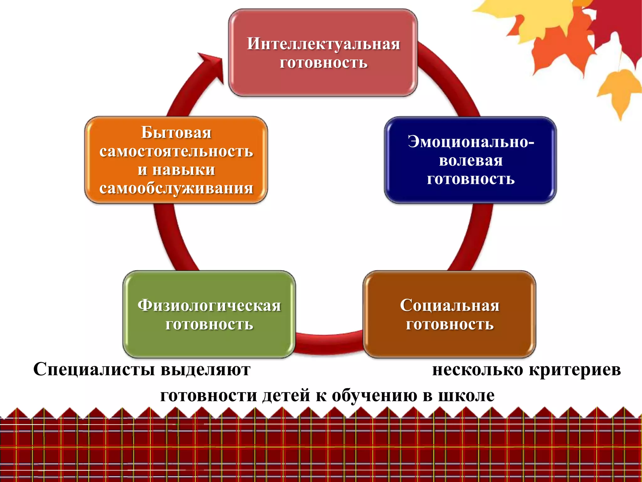 Интеллектуальная
                         готовность


          Бытовая
                                         Эмоционально-
      самостоятельность
                                            волевая
          и навыки
                                           готовность
      самообслуживания




          Физиологическая            Социальная
            готовность               готовность

Специалисты выделяют                     несколько критериев
            готовности детей к обучению в школе
 