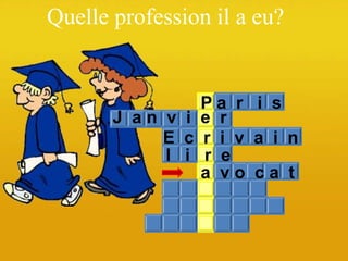 Quelle profession il a eu?


                Pa r i s
       J an v i e r
            E c r i v a i n
            l i r e
                a vo ca t
 