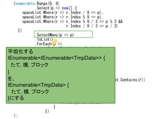 ƽ̹
IEnumerable<IEnumerable<TmpData>> {
  , , ֥å
}

IEnumerable<TmpData> {
, , ֥å
}ˤ
 