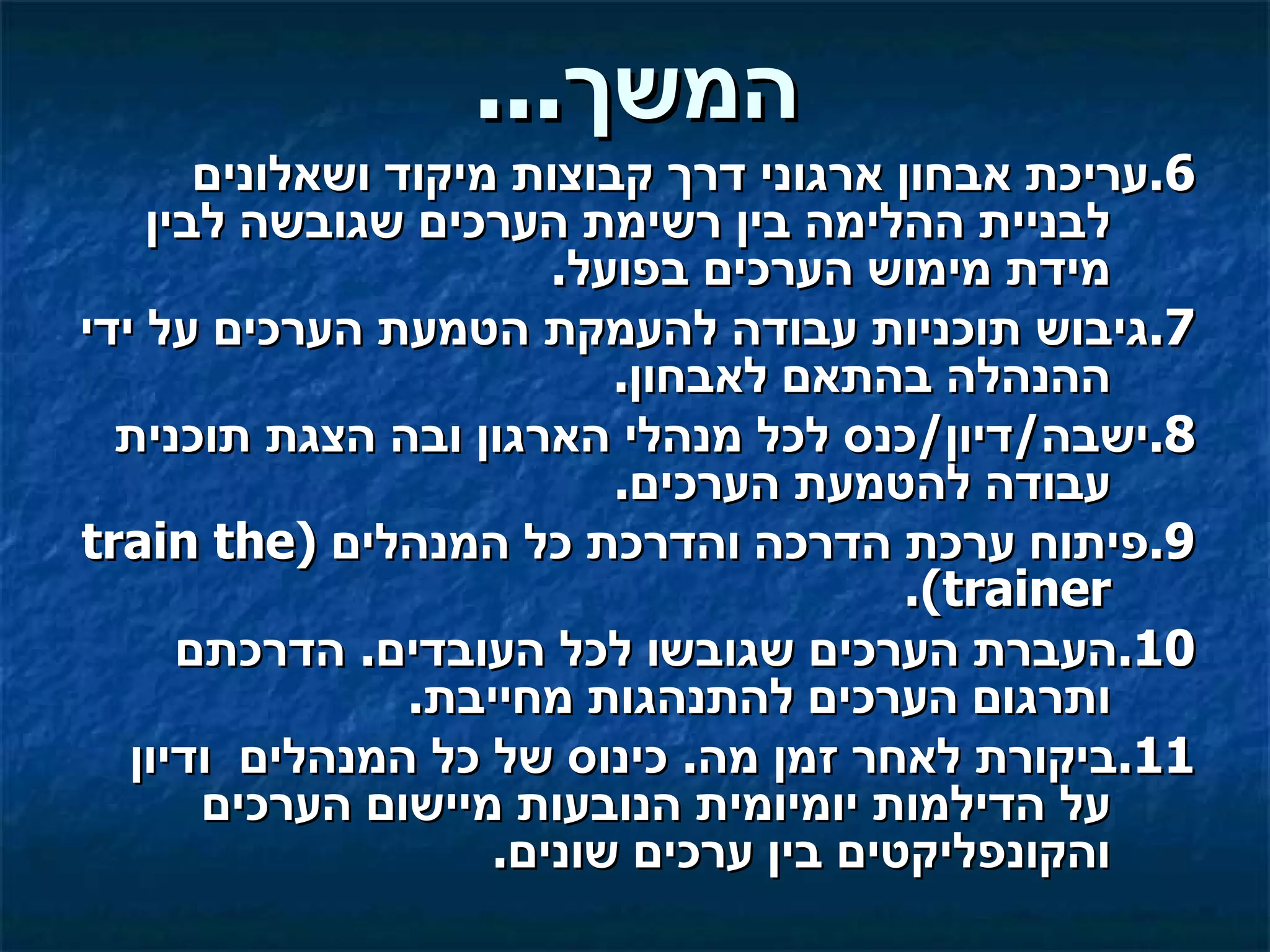 ‫המשך...‬
       ‫6.עריכת אבחון ארגוני דרך קבוצות מיקוד ושאלונים‬
    ‫לבניית ההלימה בין רשימת הערכים שגובשה לבין‬
                        ‫מידת מימוש הערכים בפועל.‬
‫7.גיבוש תוכניות עבודה להעמקת הטמעת הערכים על ידי‬
                           ‫ההנהלה בהתאם לאבחון.‬
  ‫8.ישבה/דיון/כנס לכל מנהלי הארגון ובה הצגת תוכנית‬
                           ‫עבודה להטמעת הערכים.‬
‫9.פיתוח ערכת הדרכה והדרכת כל המנהלים )‪train the‬‬
                                         ‫‪.(trainer‬‬
      ‫01.העברת הערכים שגובשו לכל העובדים. הדרכתם‬
                 ‫ותרגום הערכים להתנהגות מחייבת.‬
   ‫11.ביקורת לאחר זמן מה. כינוס של כל המנהלים ודיון‬
       ‫על הדילמות יומיומית הנובעות מיישום הערכים‬
                     ‫והקונפליקטים בין ערכים שונים.‬
 