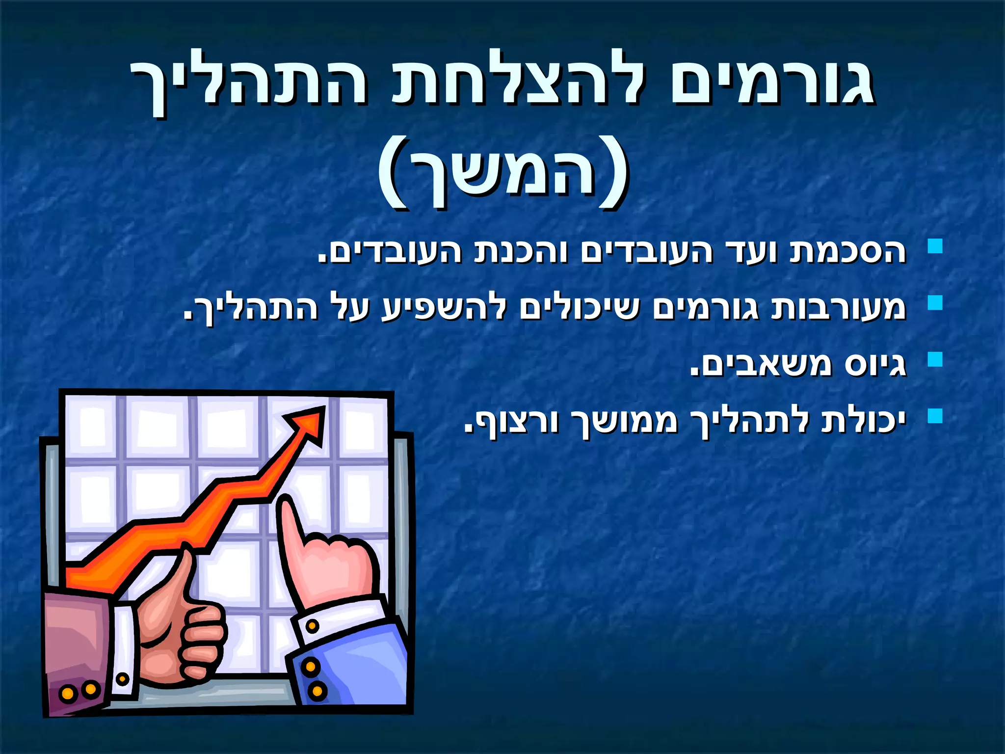 ‫גורמים להצלחת התהליך‬
      ‫)המשך(‬
        ‫הסכמת ועד העובדים והכנת העובדים.‬    ‫‪‬‬

 ‫מעורבות גורמים שיכולים להשפיע על התהליך.‬   ‫‪‬‬

                             ‫גיוס משאבים.‬   ‫‪‬‬

                ‫יכולת לתהליך ממושך ורצוף.‬   ‫‪‬‬
 