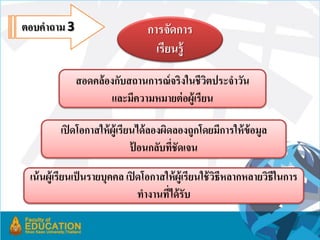 ตอบคำถำม 3                       กำรจัดกำร
                                   เรียนรู้
             สอดคล้องกับสถำนกำรณ์ จริงในชีวตประจำวัน
                                            ิ
                    และมีควำมหมำยต่ อผู้เรียน

         เปิ ดโอกำสให้ ผู้เรียนได้ ลองผิดลองถูกโดยมีกำรให้ ข้อมูล
                              ปอนกลับที่ชัดเจน
                               ้

 เน้ นผู้เรียนเป็ นรำยบุคคล เปิ ดโอกำสให้ ผู้เรียนใช้ วธีหลำกหลำยวิธีในกำร
                                                       ิ
                                ทำงำนทีได้ รับ
                                       ่
 