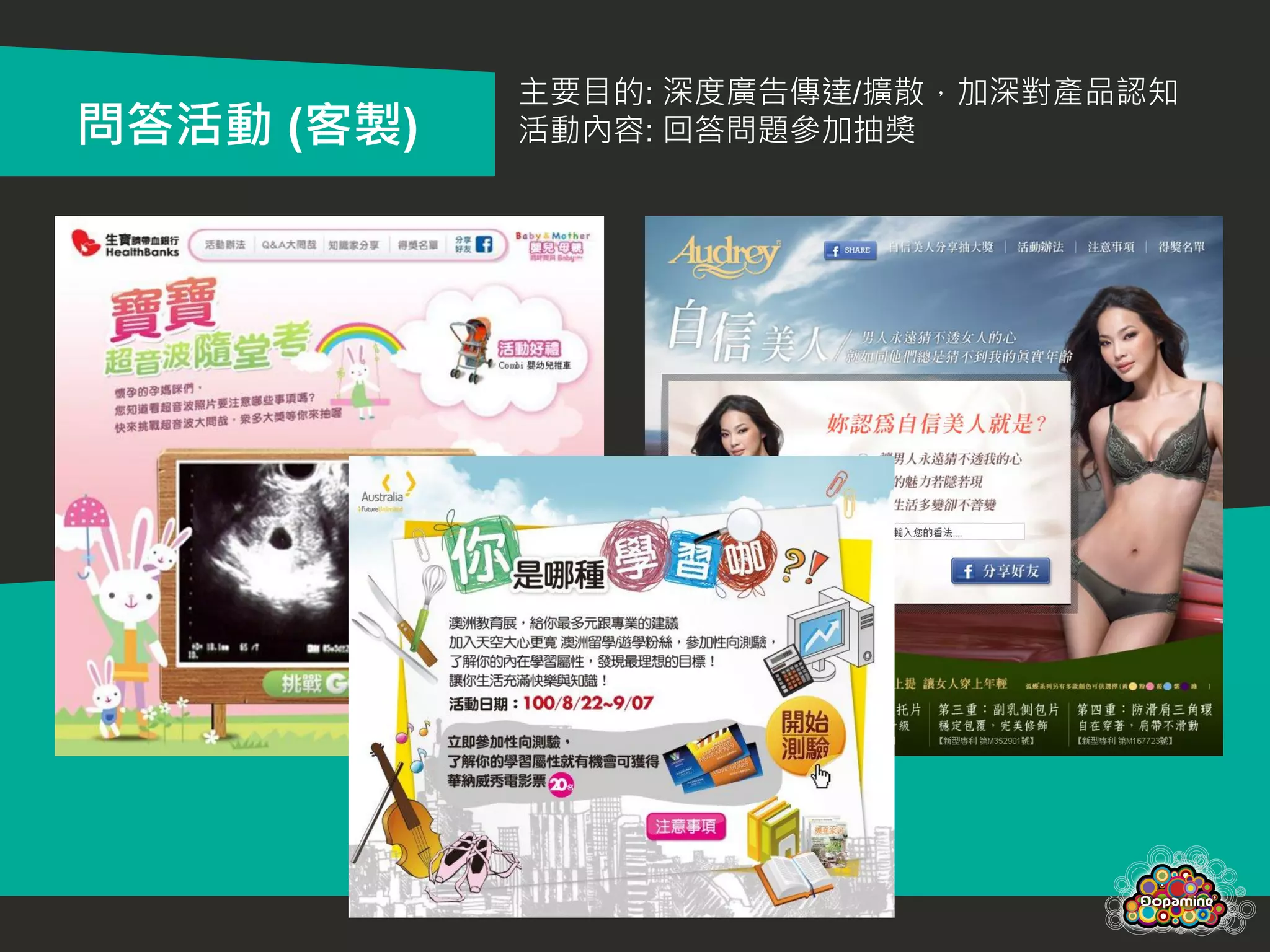 主要目的: 深度廣告傳達/擴散，加深對產品認知
問答活動 (客製)   活動內容: 回答問題參加抽獎
 