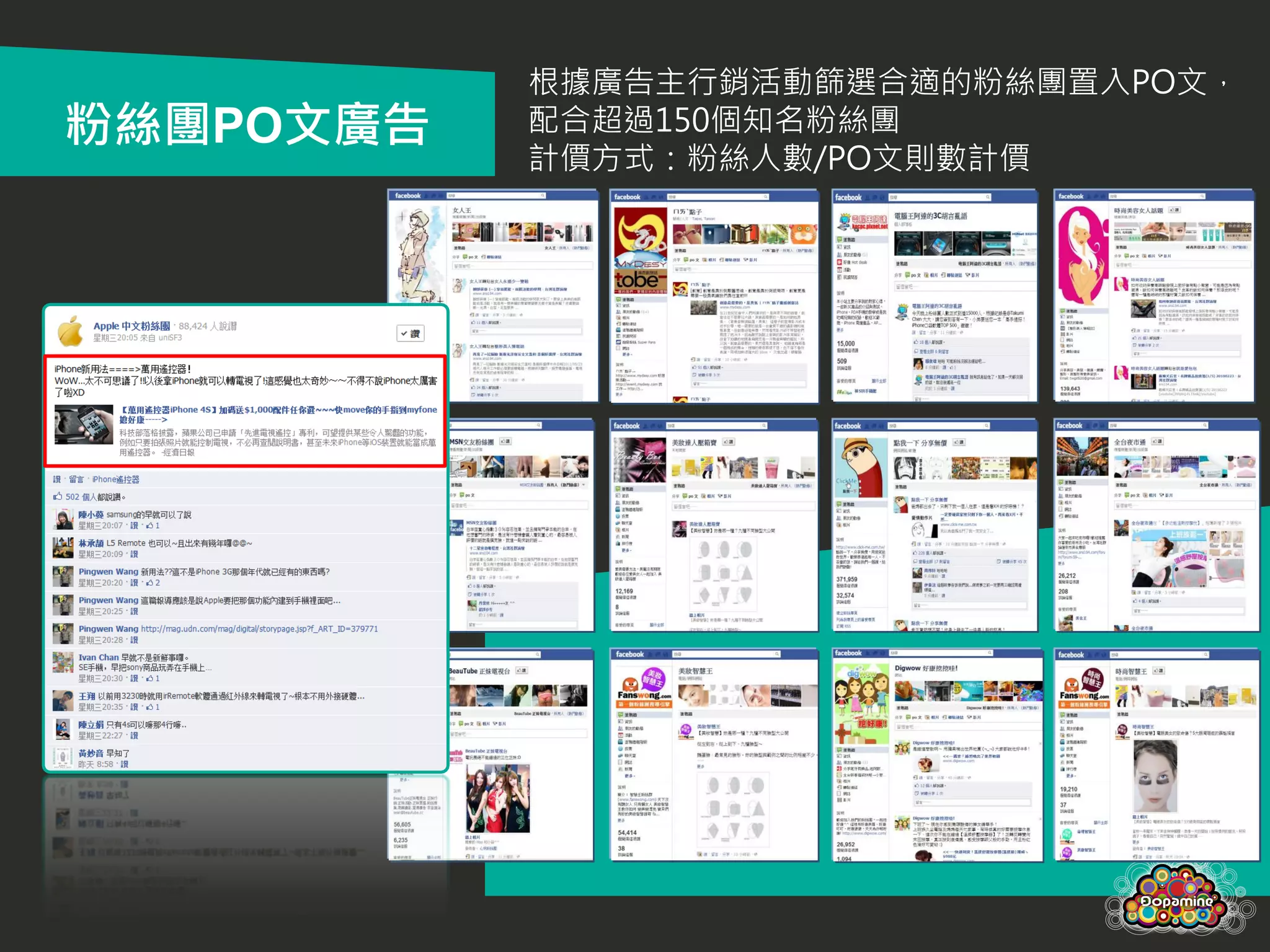根據廣告主行銷活動篩選合適的粉絲團置入PO文，
粉絲團PO文廣告   配合超過150個知名粉絲團
           計價方式：粉絲人數/PO文則數計價
 