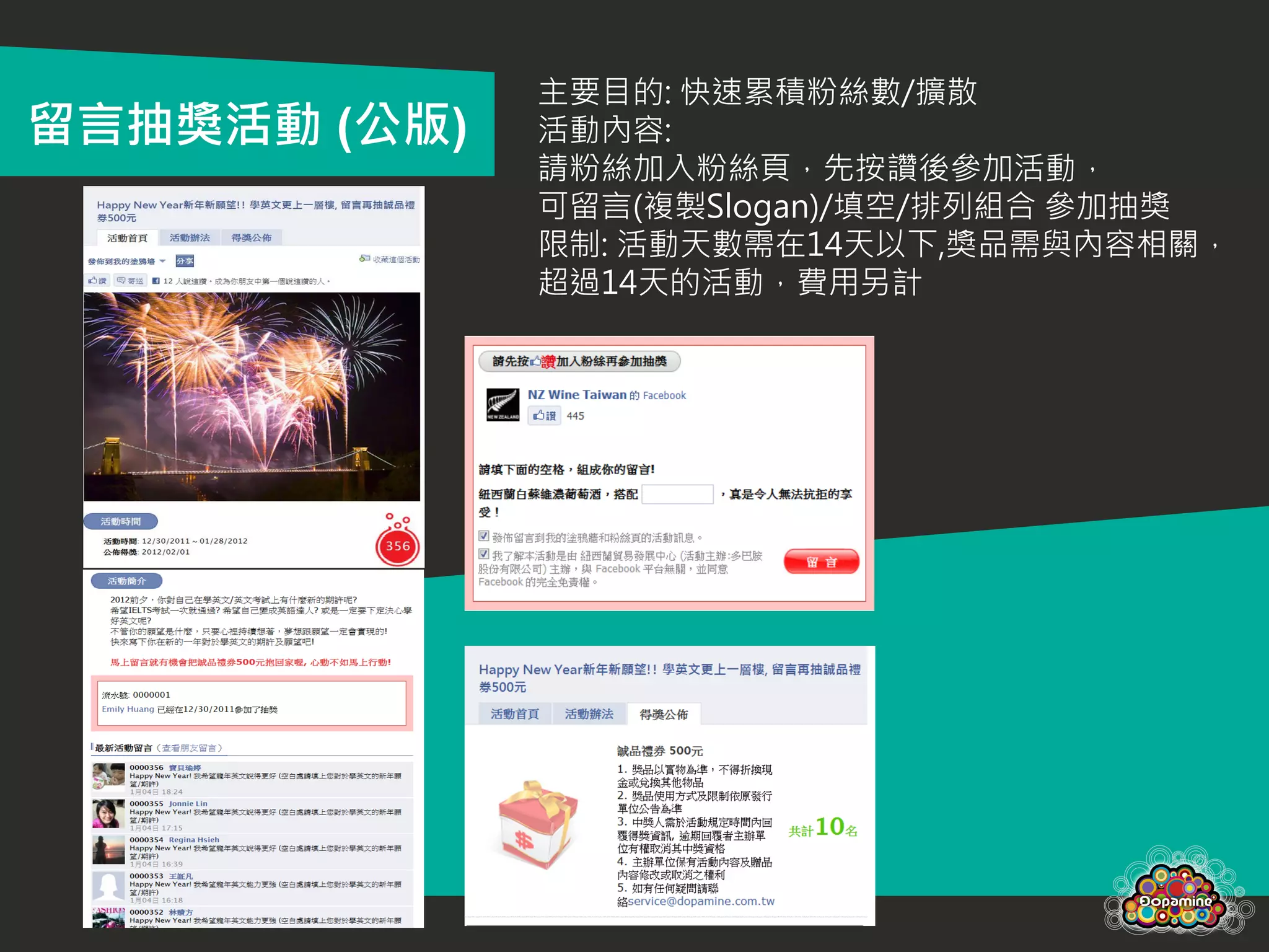 主要目的: 快速累積粉絲數/擴散
留言抽獎活動 (公版)   活動內容:
              請粉絲加入粉絲頁，先按讚後參加活動，
              可留言(複製Slogan)/填空/排列組合 參加抽獎
              限制: 活動天數需在14天以下,獎品需與內容相關，
              超過14天的活動，費用另計
 