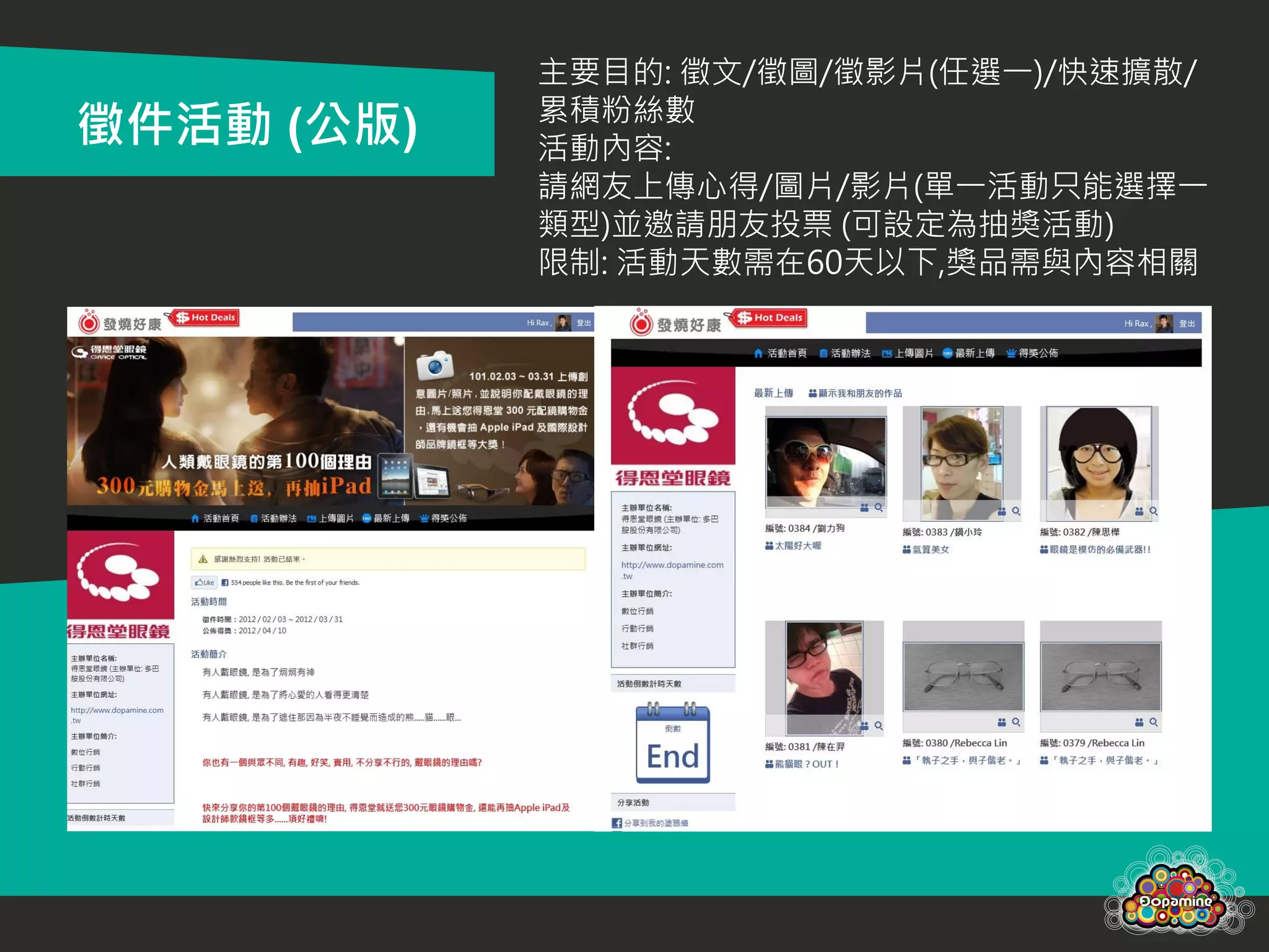 主要目的: 徵文/徵圖/徵影片(任選一)/快速擴散/
            累積粉絲數
徵件活動 (公版)   活動內容:
            請網友上傳心得/圖片/影片(單一活動只能選擇一
            類型)並邀請朋友投票 (可設定為抽獎活動)
            限制: 活動天數需在60天以下,獎品需與內容相關
 