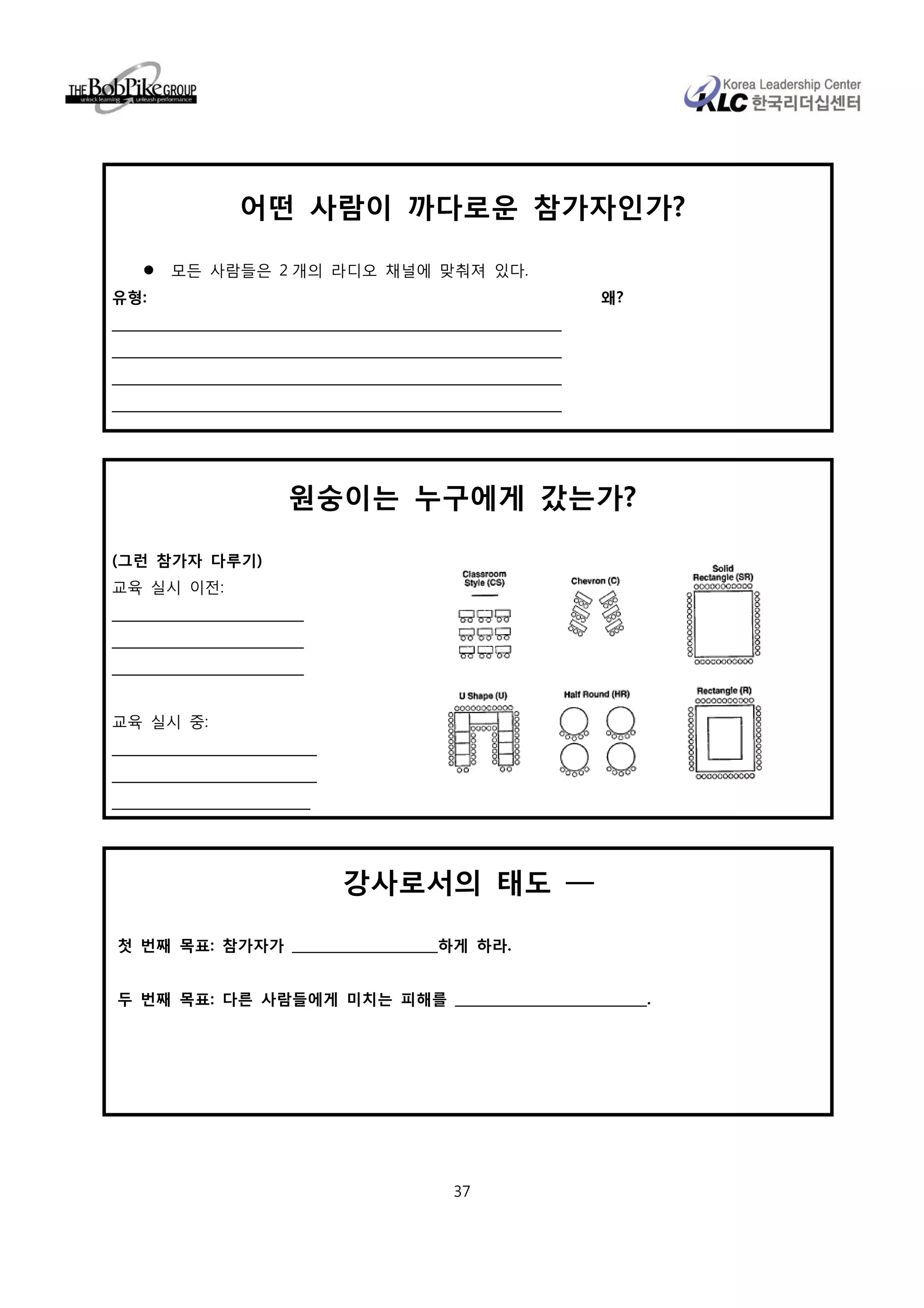 어떤 사람이 까다로운 참가자인가?

        모든 사람들은 2 개의 라디오 채널에 맞춰져 있다.
유형:                                                                    왜?
____________________________________________________________________
____________________________________________________________________
____________________________________________________________________
____________________________________________________________________




                          원숭이는 누구에게 갔는가?

(그런 참가자 다루기)
교육 실시 이전:
_____________________________
_____________________________
_____________________________


교육 실시 중:
_______________________________
_______________________________
______________________________




                                  강사로서의 태도 ━

첫 번째 목표: 참가자가 ______________________하게 하라.


두 번째 목표: 다른 사람들에게 미치는 피해를 _____________________________.




                                                   37
 