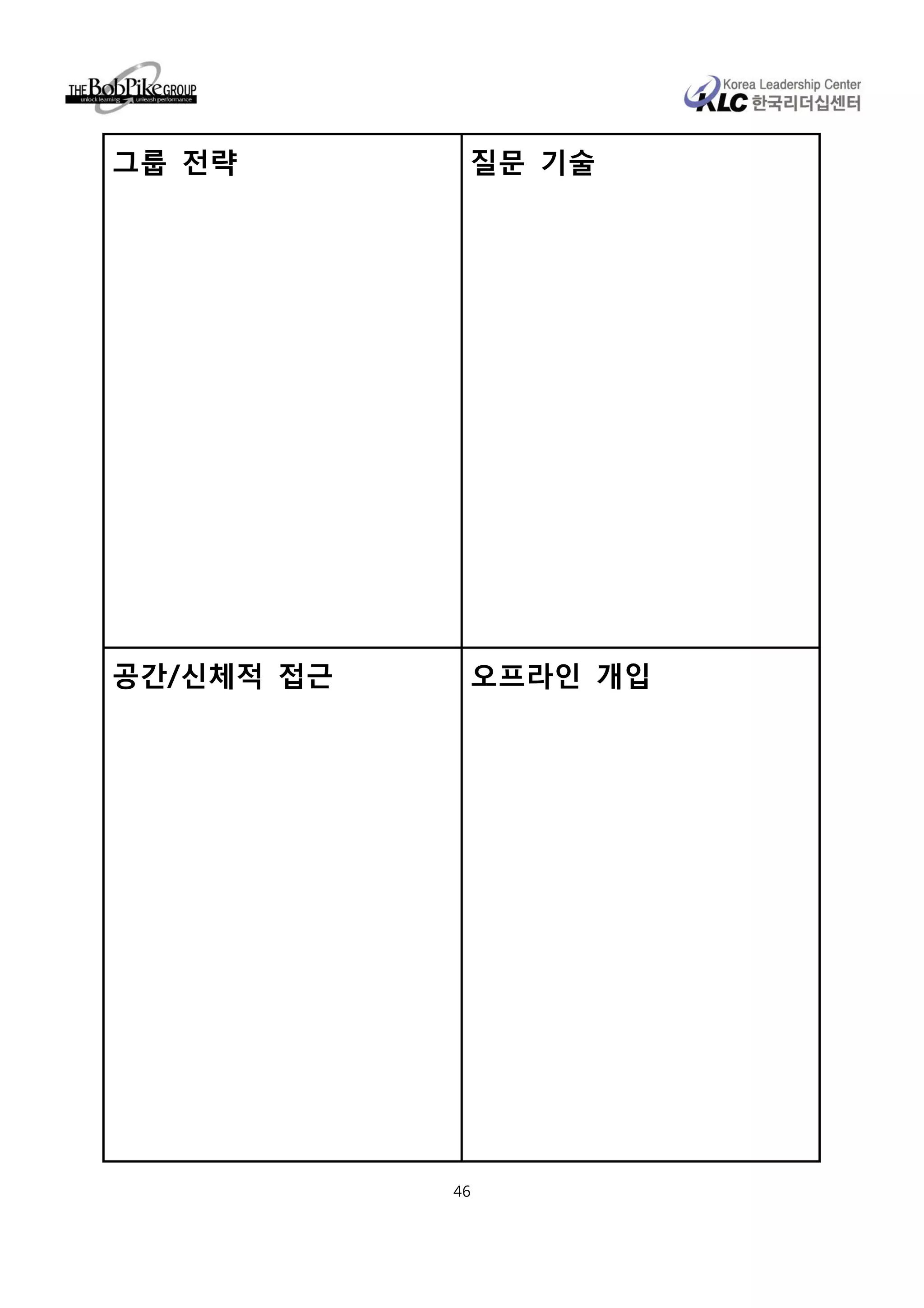 그룹 전략        질문 기술




공간/신체적 접근    오프라인 개입




            46
 