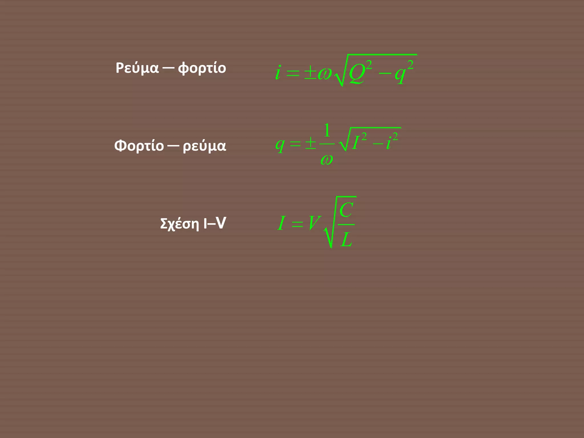 Ρεφμα ─ φορτίο   i        Q2 q 2

                      1
Φορτίο ─ ρεφμα   q        I 2 i2


                       C
     ΢χζςη Ι–V   I   V
                       L
 
