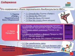 Содержание

Это содержание к «Книге персонального ФинКонсультанта НБС»:




                                                          слайд 4

                                                          слайд 16

                                                          слайд 24

                                                          слайд 46
 