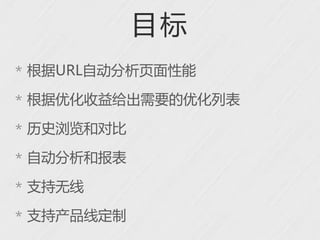 目标
* 根据URL自动分析页面性能

* 根据优化收益给出需要的优化列表

* 历史浏览和对比

* 自动分析和报表

* 支持无线

* 支持产品线定制
 