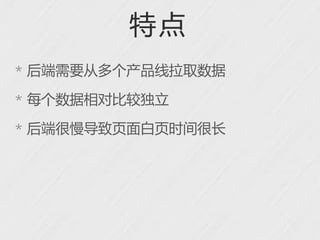 特点
* 后端需要从多个产品线拉取数据

* 每个数据相对比较独立

* 后端很慢导致页面白页时间很长
 