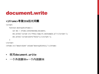 document.write
<iframe>导致IE6假死问题
<script>
   function destroyIE(iframe) {
       var doc = iframe.contentWindow.document;
       doc.write('<script src="http://www.tt.com/example.js"></script>');
       doc.write('<script>alert("hello");</script>');
   }
</script>
<iframe src="about:blank" onload="destroyIE(this);"></iframe>




• 使用document.write
• 一个外部脚本+一个内部脚本
 