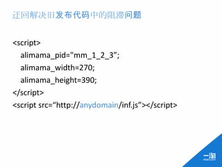 迂回解决旧发布代码中的阻滞问题


<script>
  alimama_pid="mm_1_2_3”;
  alimama_width=270;
  alimama_height=390;
</script>
<script src=“http://anydomain/inf.js”></script>
 