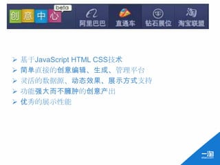 创意中心




   基于JavaScript HTML CSS技术
   简单直接的创意编辑、生成、管理平台
   灵活的数据源、动态效果、展示方式支持
   功能强大而不臃肿的创意产出
   优秀的展示性能
 
