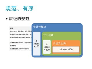 规范、有序
 层级的规范
          设计师模块


                  官方模块

            z-
          index     z-    系统及全局
          <100    index
                  < 200     z-index >200
 