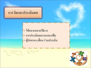 การวัดและประเมินผล


         - ใช้หลากหลายวิธีการ
         - การประเมินผลงานและแฟ้ ม
         - ผูปกครอง เพื่อน ร่ วมประเมิน
             ้
 