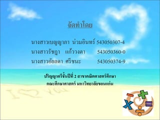 จัดทาโดย
นางสาวเบญญาภา น่วมอินทร์ 543050307-4
นางสาวรัชฎา แก้ววงตา 543050360-0
นางสาวอัยลดา ศรี ชนะ     543050374-9
    ปริญญาตรีช้ันปี ที่ 2 สาขาคณิตศาสตร์ ศึกษา
     คณะศึกษาศาสตร์ มหาวิทยาลัยขอนแก่น
 