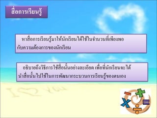 สื่ อการเรียนรู้


      หาสื่ อการเรี ยนรู ้มาให้นกเรี ยนได้ใช้ในจานวนที่เพียงพอ
                                ั
   กับความต้องการของนักเรี ยน

     อธิบายถึงวิธีการใช้สื่อนั้นอย่างละเอียด เพื่อที่นกเรี ยนจะได้
                                                      ั
   นาสื่ อนั้นไปใช้ในการพัฒนากระบวนการเรี ยนรู ้ของตนเอง
 