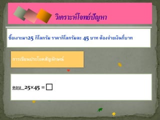 ซือเงาะมา25 กิโลกรัม ราคากิโลกรัมละ 45 บาท ต้องจ่ายเงินกี่บ าท
  ้


 การเขียนประโยคสัญลักษณ์
        • สถานที่เกิด


 ตอบ 25×45 = 
 