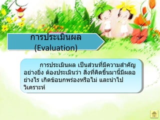 การประเมินผล
   (Evaluation)
       การประเมินผล เป็นส่วนที่มีความสำาคัญ
อย่างยิ่ง ต้องประเมินว่า สิ่งที่คิดขึ้นมานี้มีผลอ
ย่างไร เกิดข้อบกพร่องหรือไม่ และนำาไป
วิเคราะห์
 
